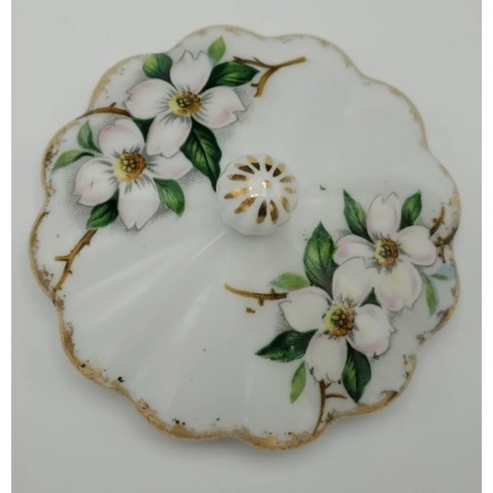 Vtg Dogwood Footed Guilded Serving‎ Mayonnaise Sugar Bowl Lid Spoon NW-DW-60